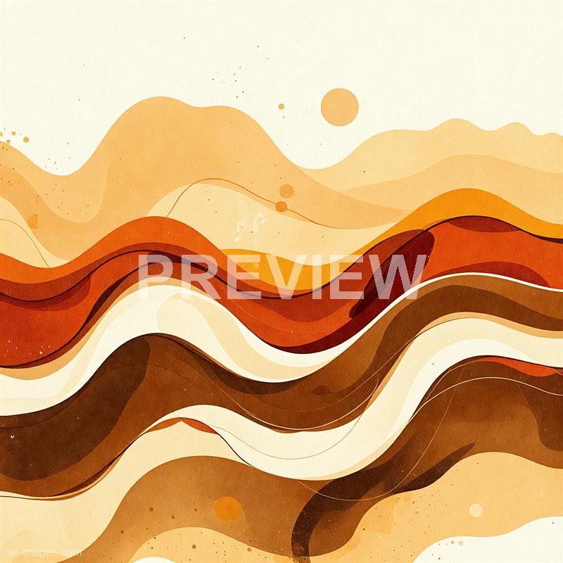 The image features an abstract landscape composed of layered, flowing shapes that resemble mountain ranges or hills. The color palette includes various shades of orange, brown, and beige, creating a warm, earthy tone with some subtle gradient effects. There are also small, circular dots scattered throughout the background, adding a textured and dynamic feel to the overall composition.